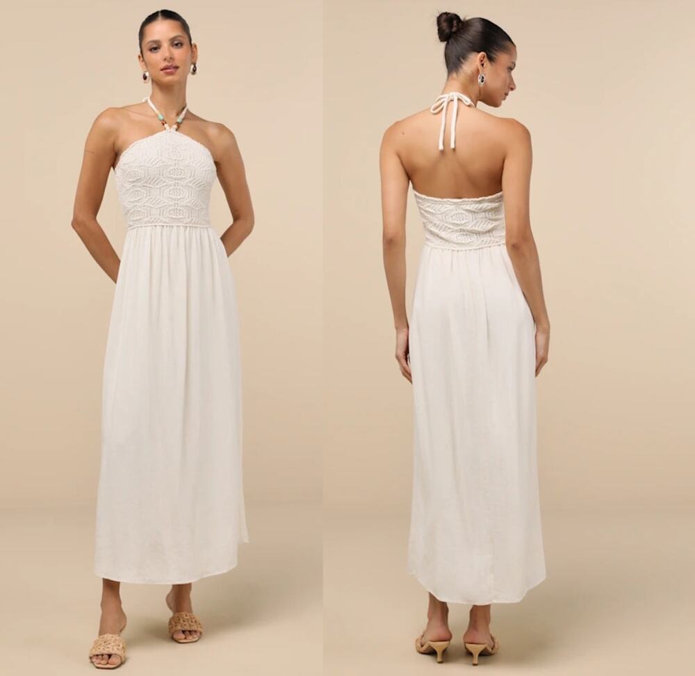 NWT Lulus Cosma Ivory Beaded Crochet Knit Halter Midi Dress Resortwear Long Sz L